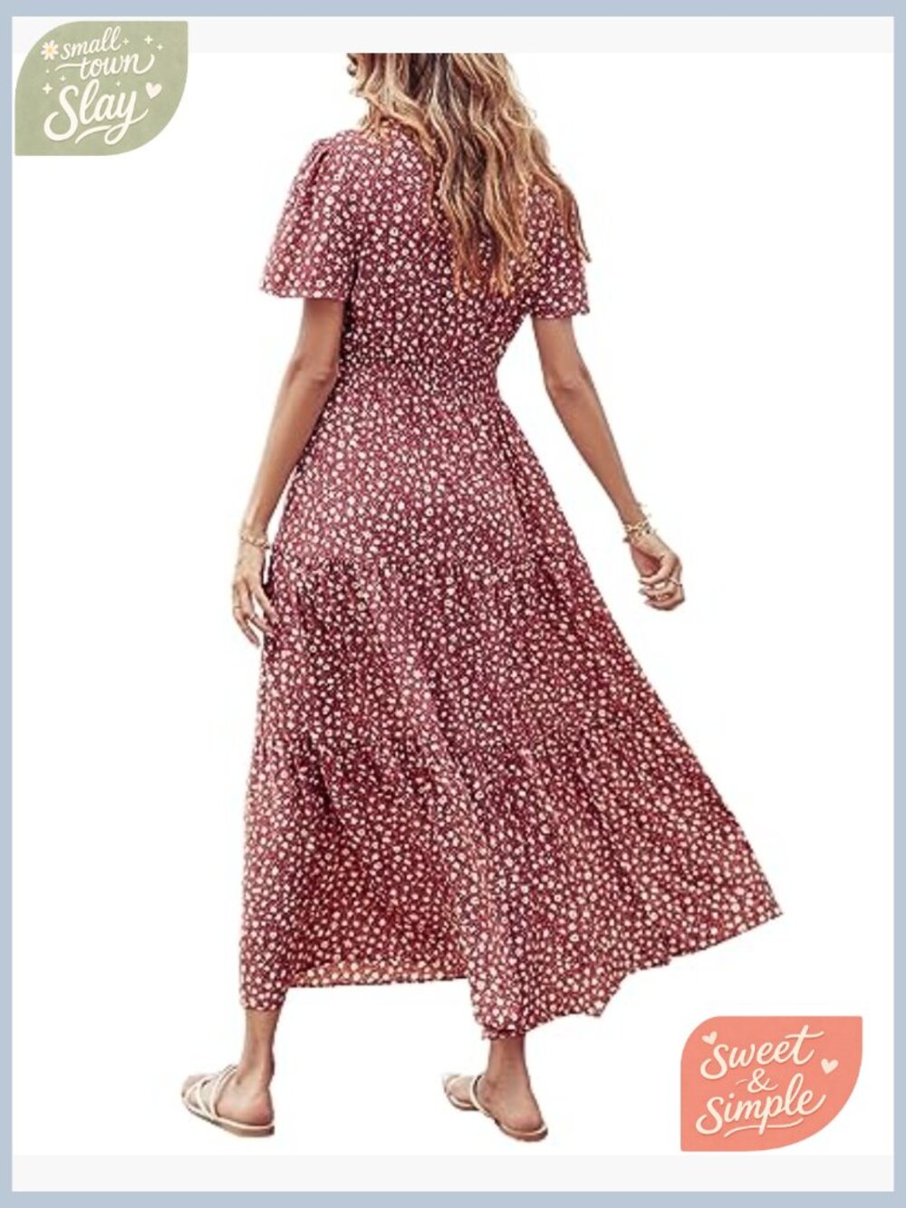 Short Flutter Sleeve Maxi Dress Smocked Waist Tiered Boho Flowy Summer - Picture 2 of 7